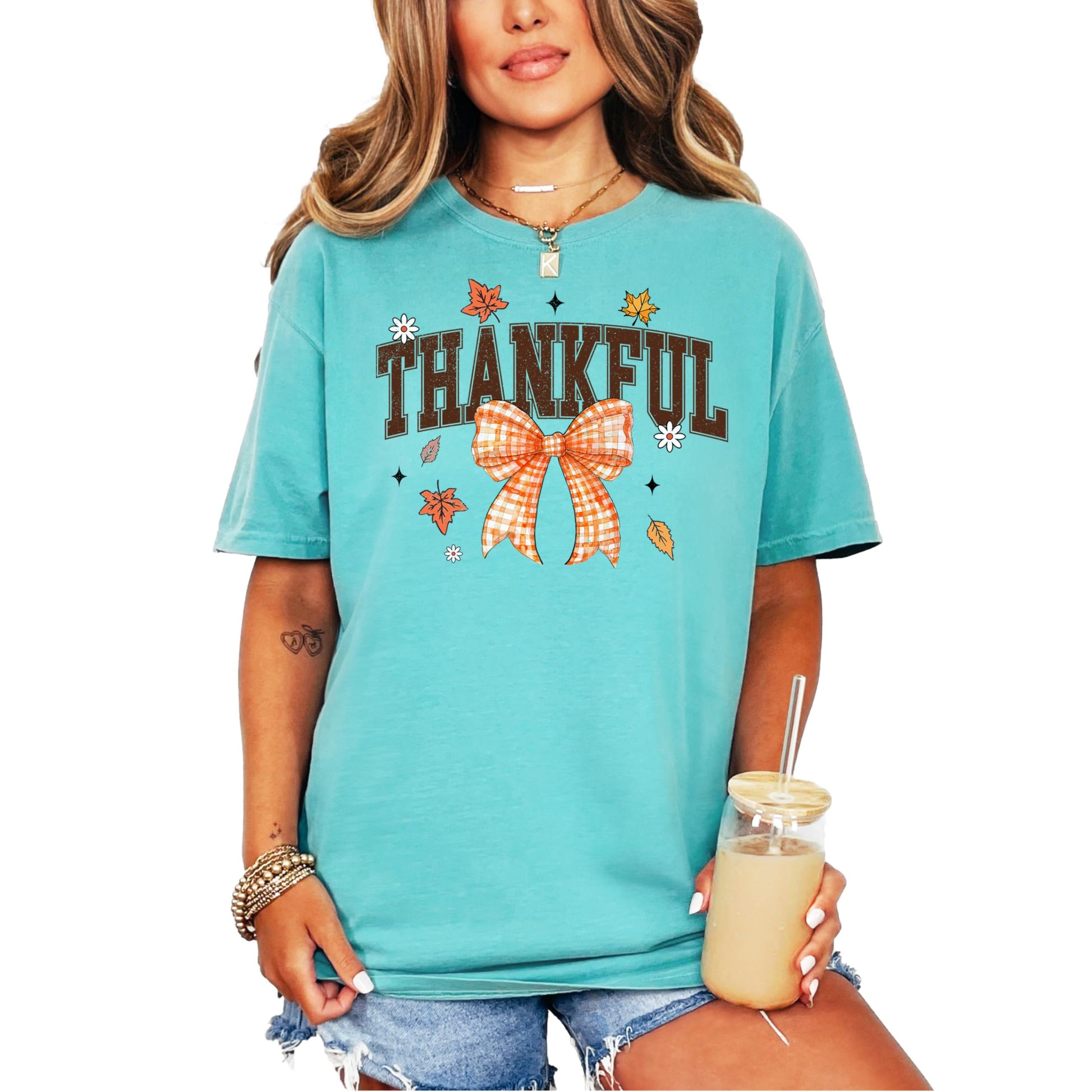 Woman wearing seafoam Thankful fall shirt showing relaxed fit and autumn styling