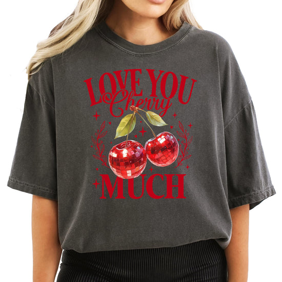 Model wearing Love You Cherry Much Valentine's Day graphic tee, casual style