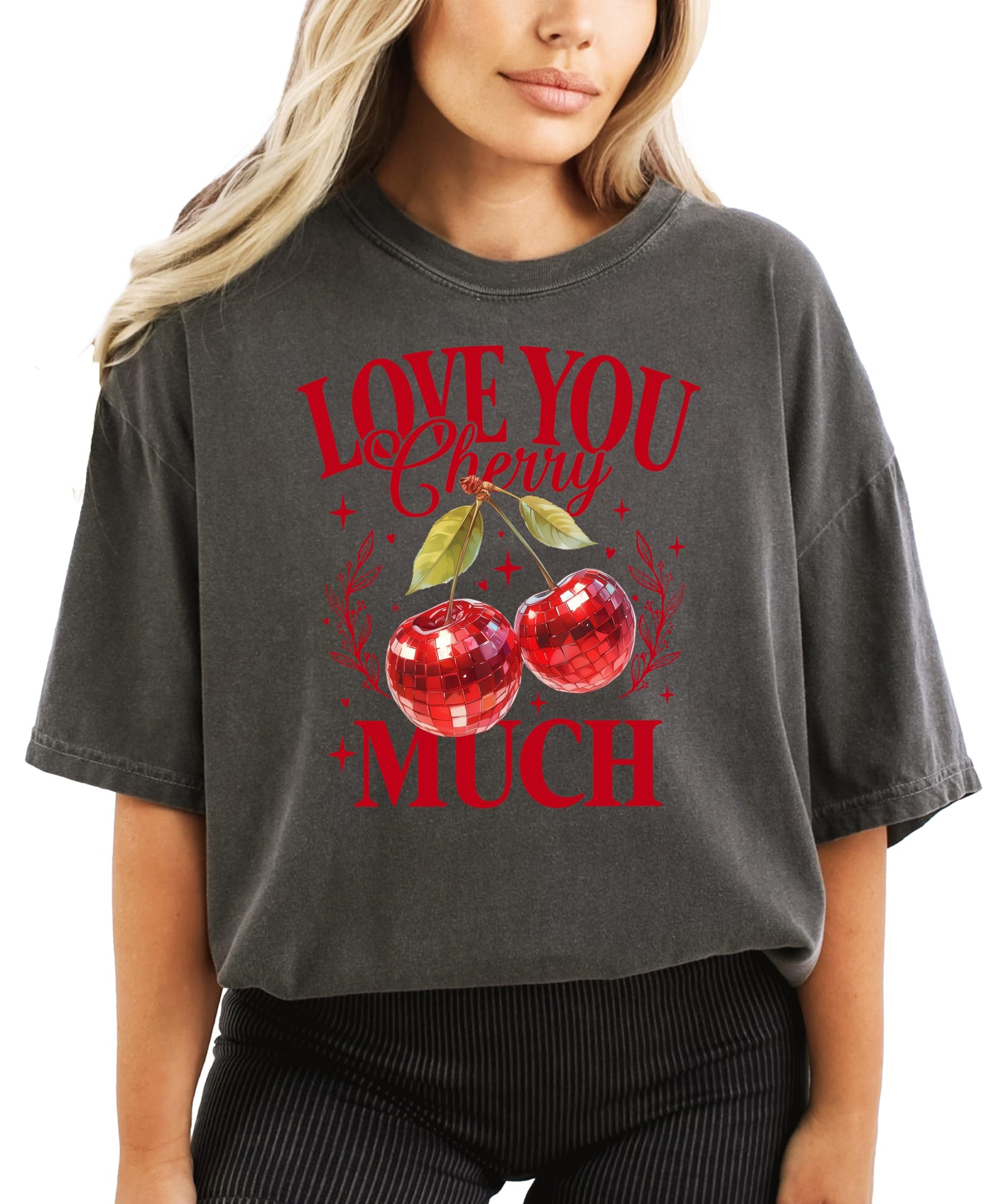 Model wearing Love You Cherry Much Valentine's Day graphic tee, casual style