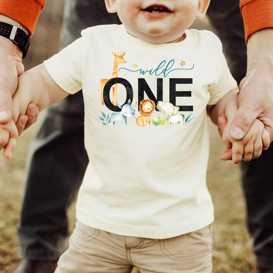 Wild One safari themed first birthday shirt product details and sizing guide