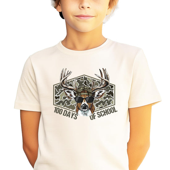 Boys youth graphic tee laid flat showing camo buck 100 days of school print