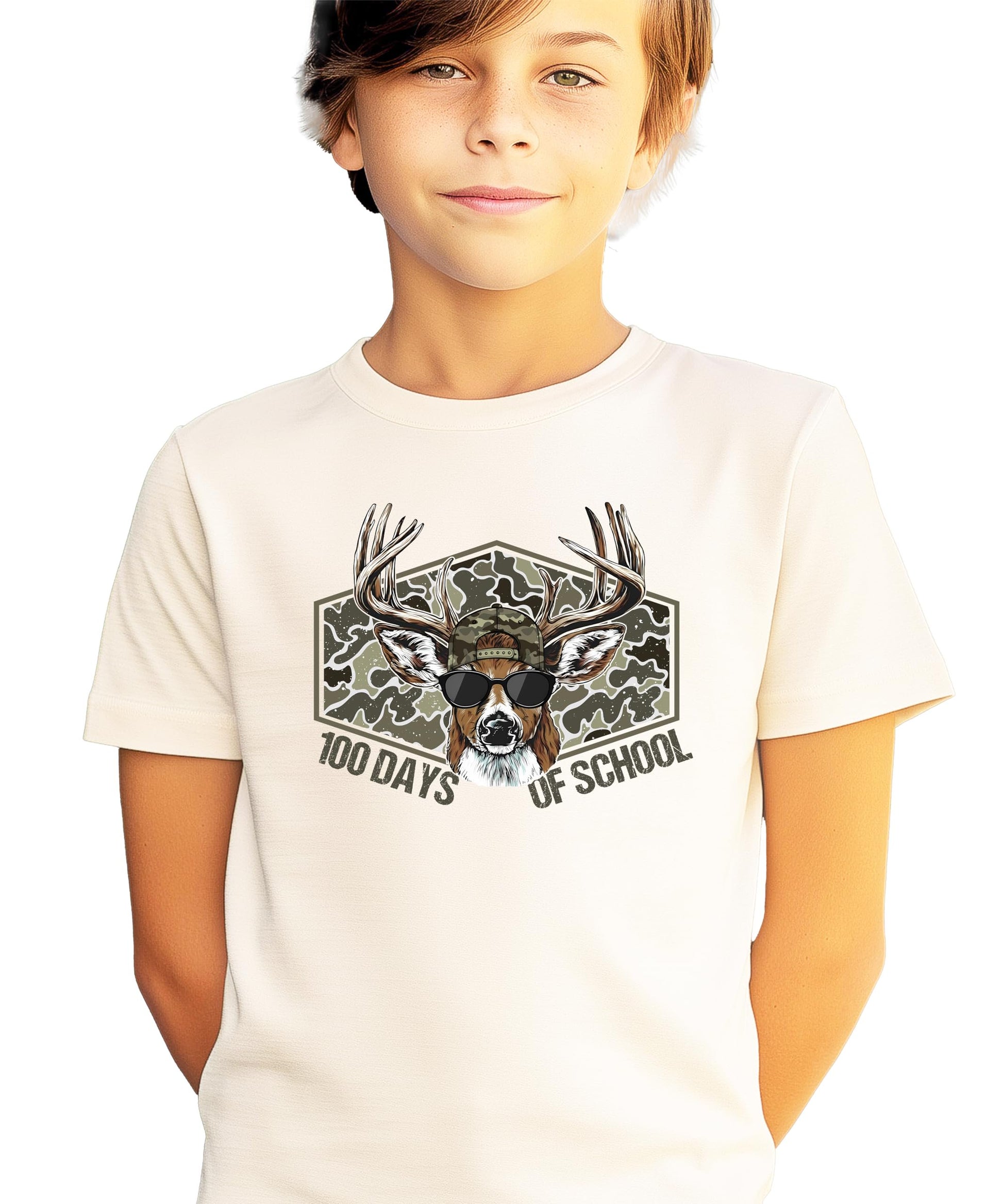 Boys youth graphic tee laid flat showing camo buck 100 days of school print