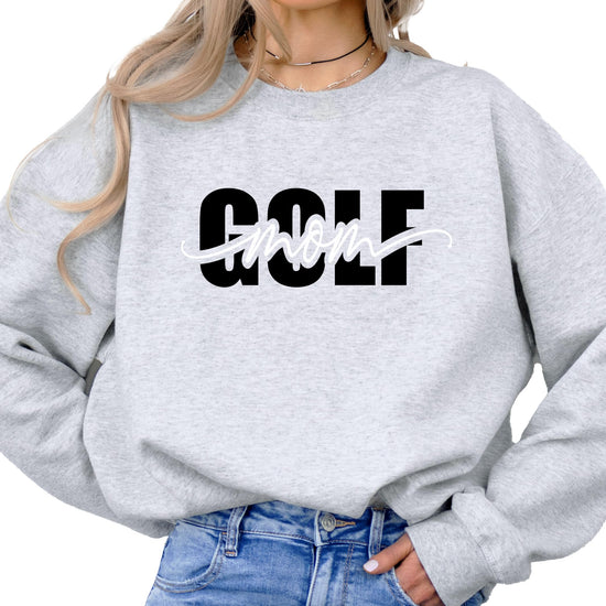 Women's gray golf mom pullover sweatshirt with trendy girly script golf supporter graphic on front