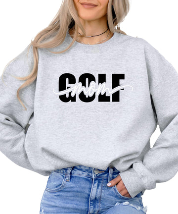 Women's gray golf mom pullover sweatshirt with trendy girly script golf supporter graphic on front
