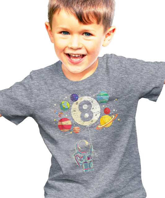 Child wearing Olive Loves Apple 8th birthday rocket astronaut t-shirt