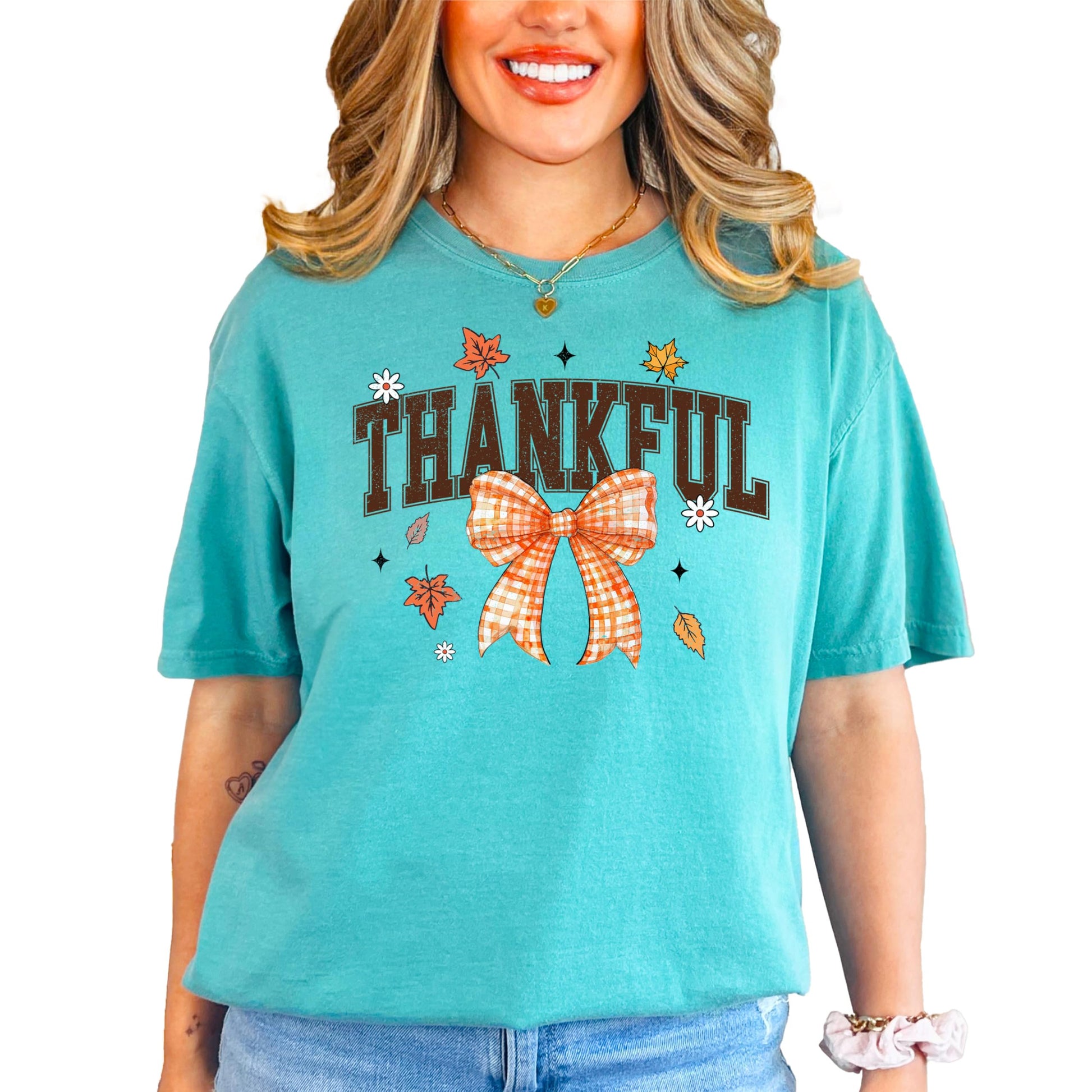Seafoam green Thankful fall shirt with orange gingham bow graphic design for women