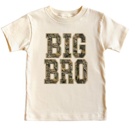 Boys big bro camo graphic tee with camouflage print and bold Big Bro text for sibling matching outfits