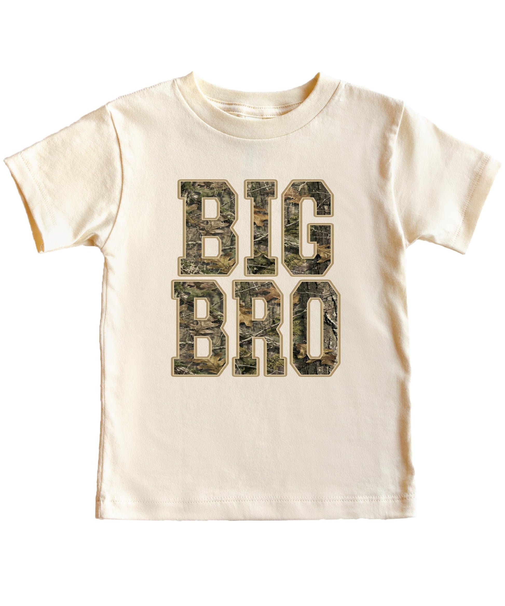 Boys big bro camo graphic tee with camouflage print and bold Big Bro text for sibling matching outfits