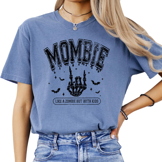 Front view of Mombie funny mom Halloween shirt with bold spooky lettering on women's tee