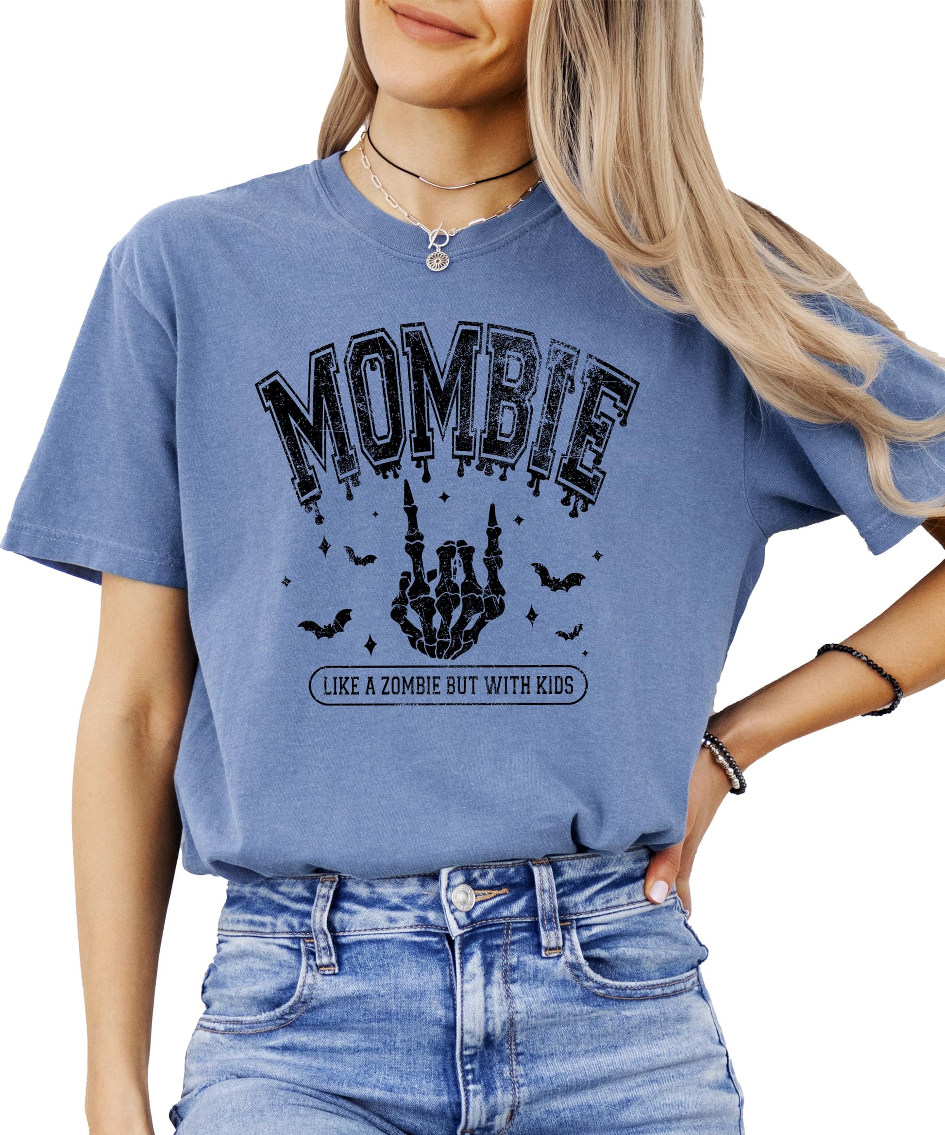 Front view of Mombie funny mom Halloween shirt with bold spooky lettering on women's tee
