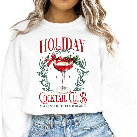 Women's gray Holiday Spirit Cocktail Club graphic sweatshirt with festive Christmas cocktail design