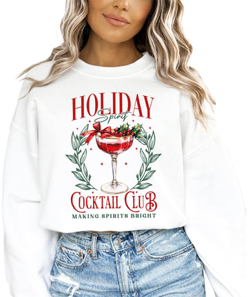 Women's gray Holiday Spirit Cocktail Club graphic sweatshirt with festive Christmas cocktail design