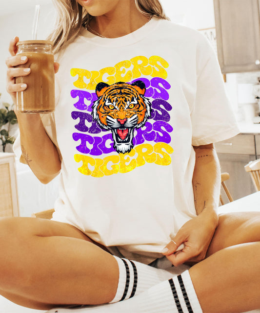 Trendy Tigers Wavy Graphic Tee | Women's Purple & Yellow Sports Shirt