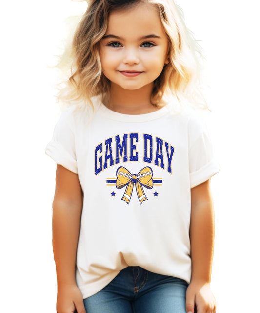 Blue and Yellow Game Day Shirt for Women, Teens & Kids Team Colors Football Bow Graphic Tee