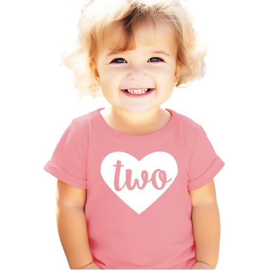 Purple toddler girls birthday shirt with Two in Heart graphic design