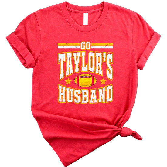 Go Taylor's Husband women's graphic tee laid flat showing full front print on vintage red fabric