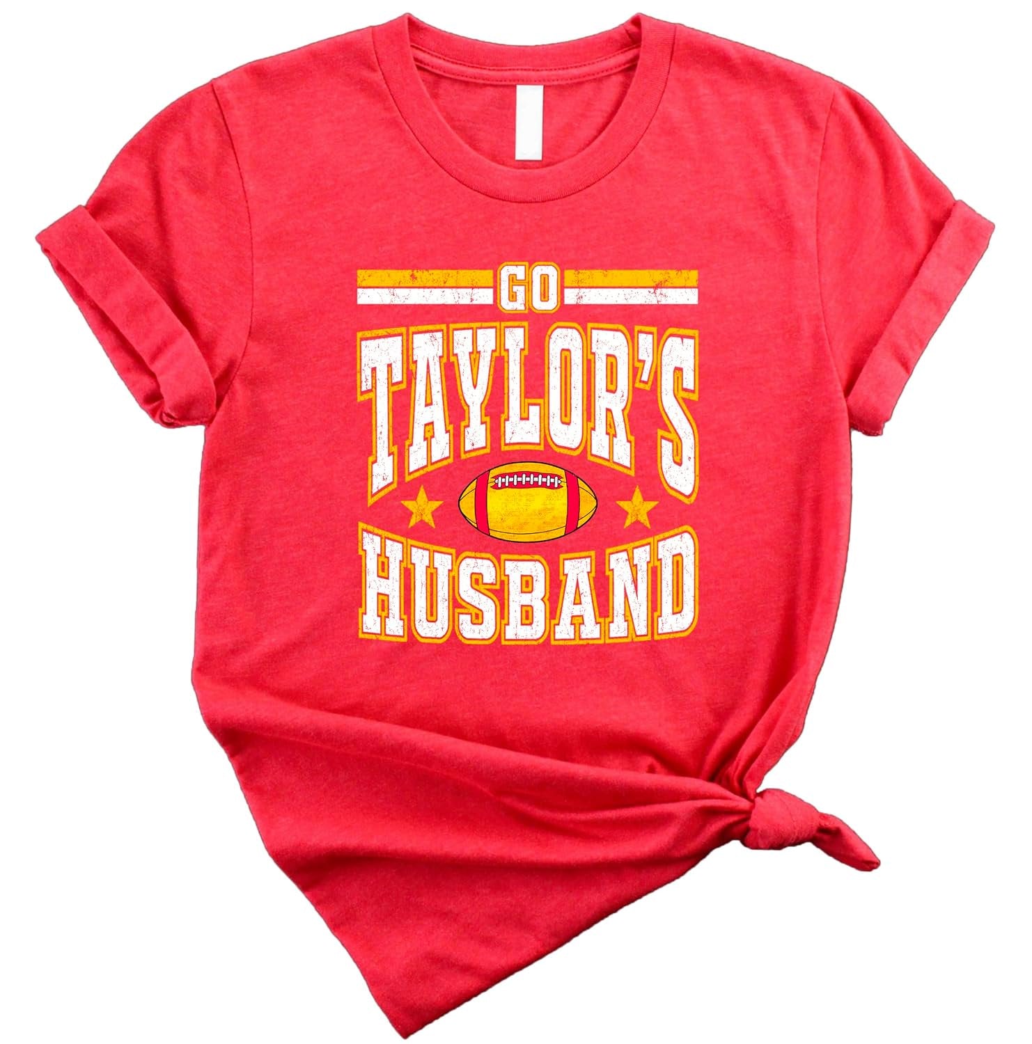 Go Taylor's Husband women's graphic tee laid flat showing full front print on vintage red fabric