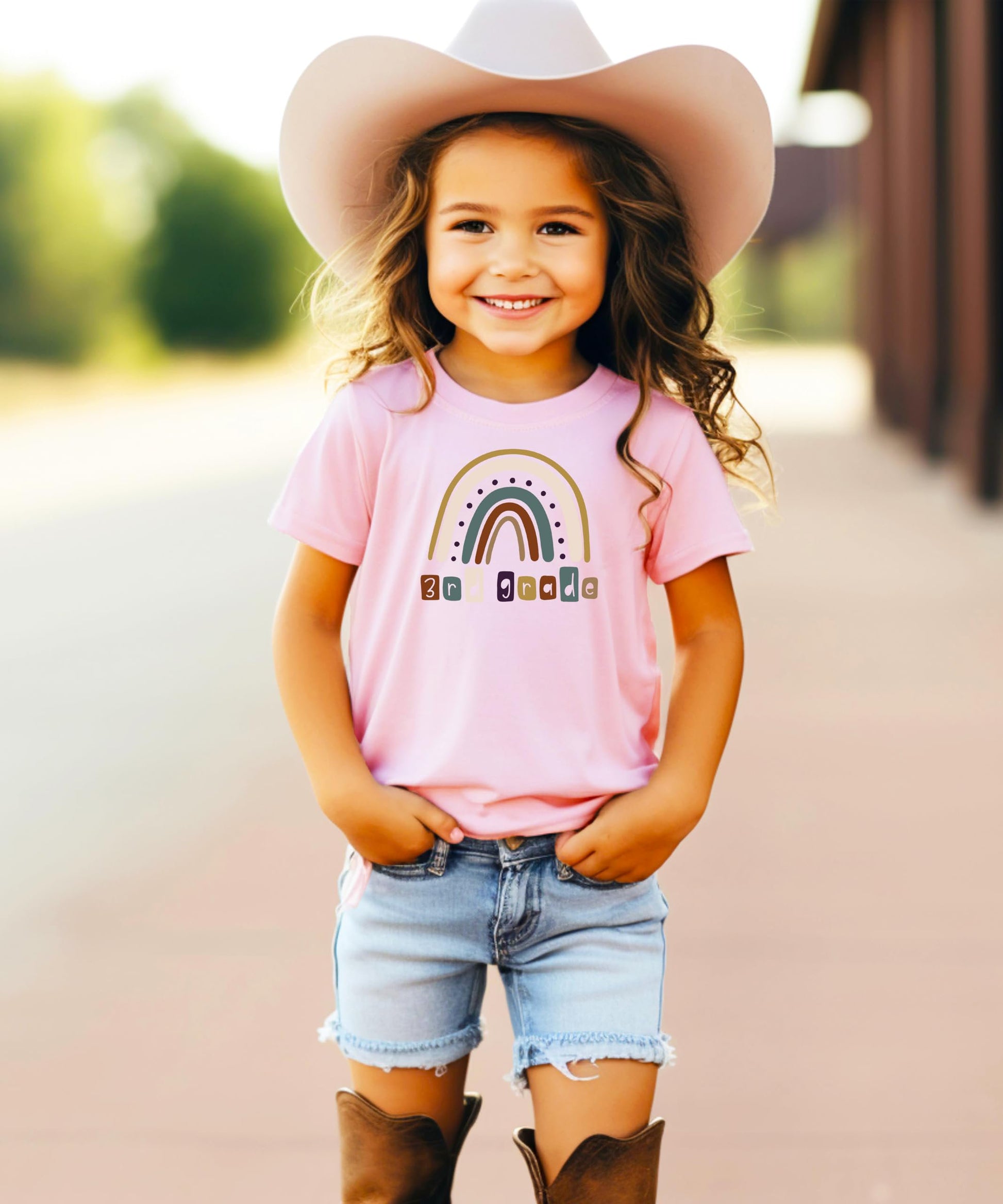 Flat lay of youth pink tee featuring 3rd grade rainbow school graphic