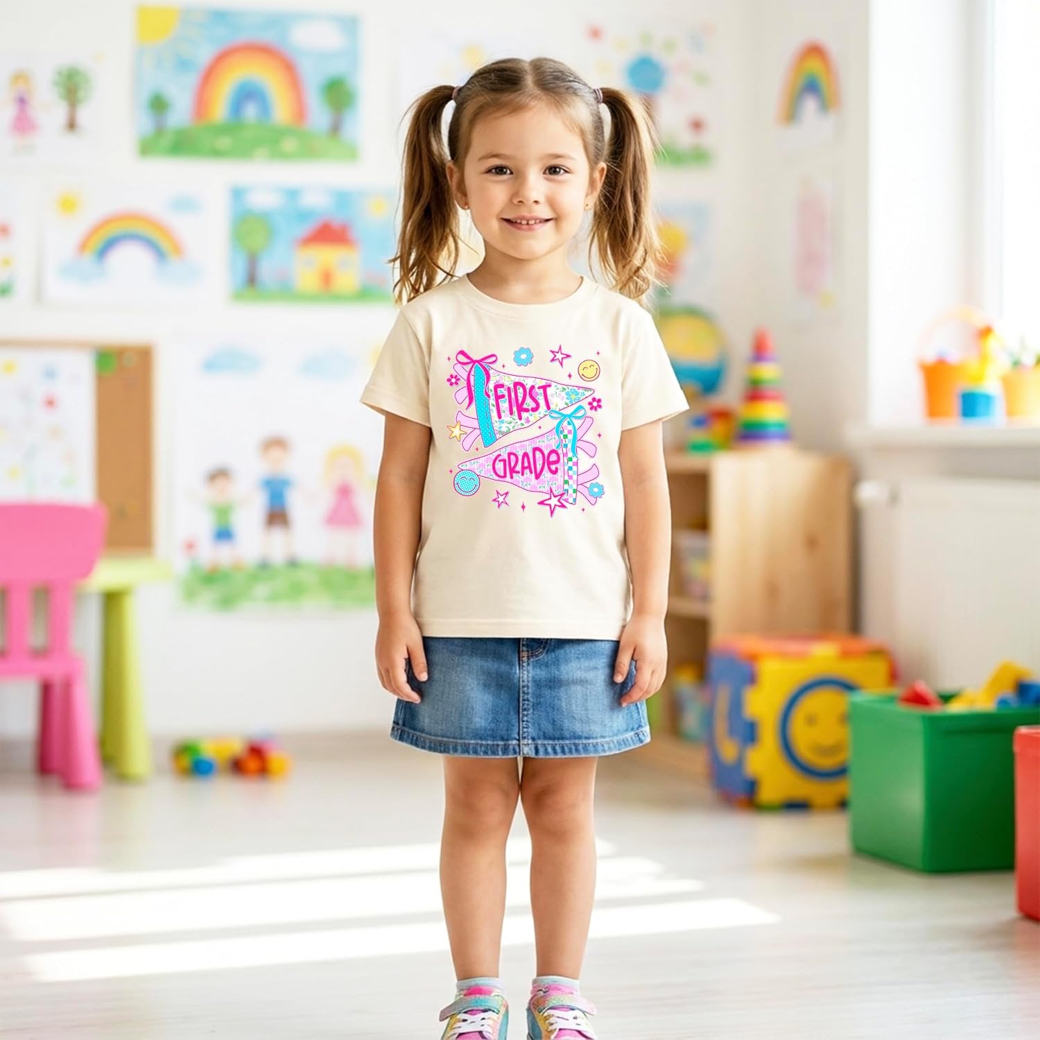 Young girl wearing pink first grade back to school shirt with floral pennant design