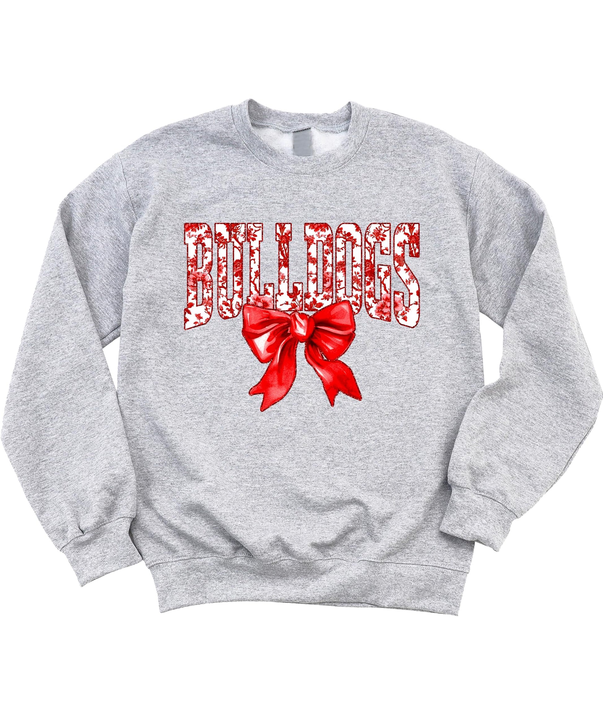 Close-up view of red bow Bulldogs graphic design on sweatshirt