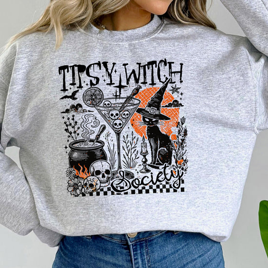 Back or detail view of Tipsy Witch Society women's Halloween pullover sweatshirt with spooky witchy print
