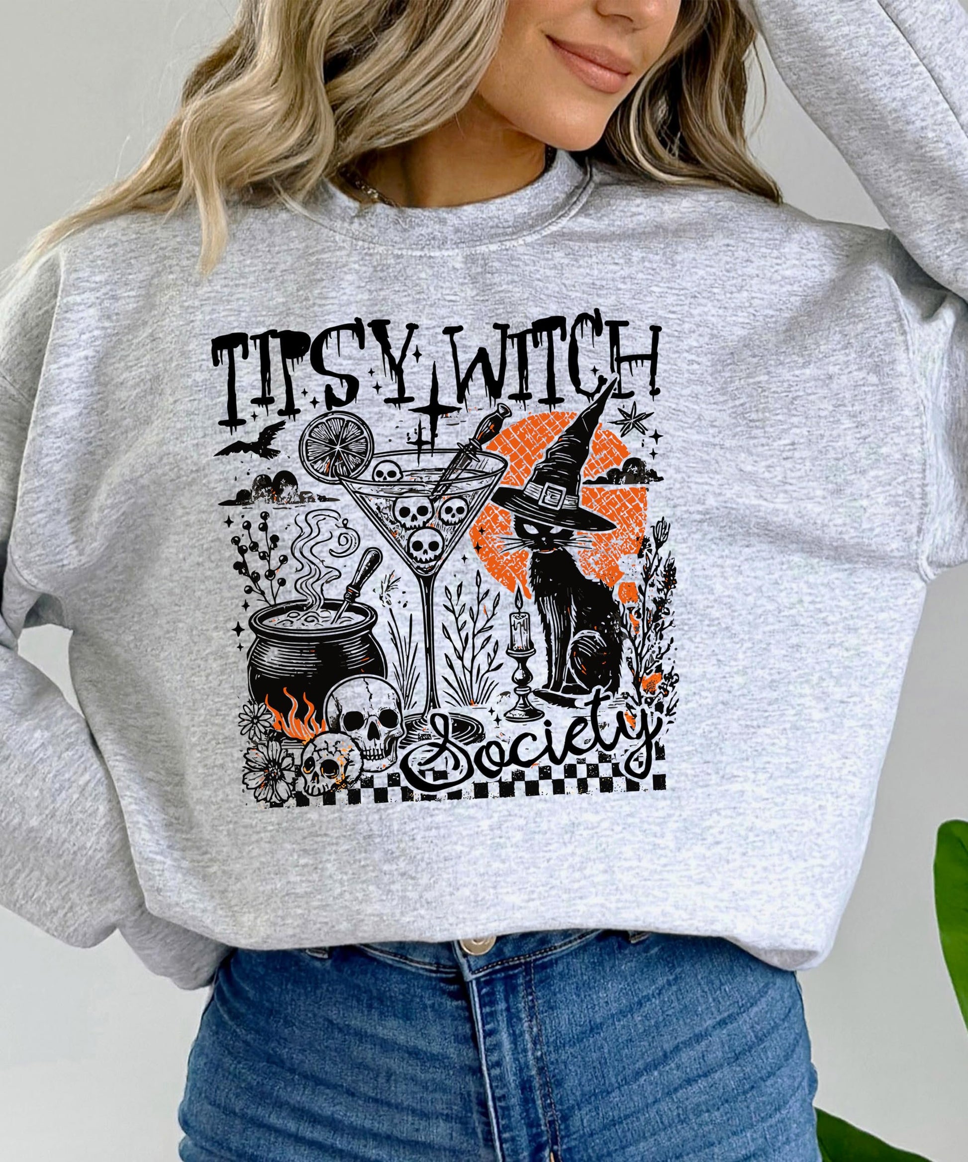 Back or detail view of Tipsy Witch Society women's Halloween pullover sweatshirt with spooky witchy print