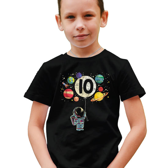 Kids space birthday shirt in vintage royal showing full front astronaut graphic print