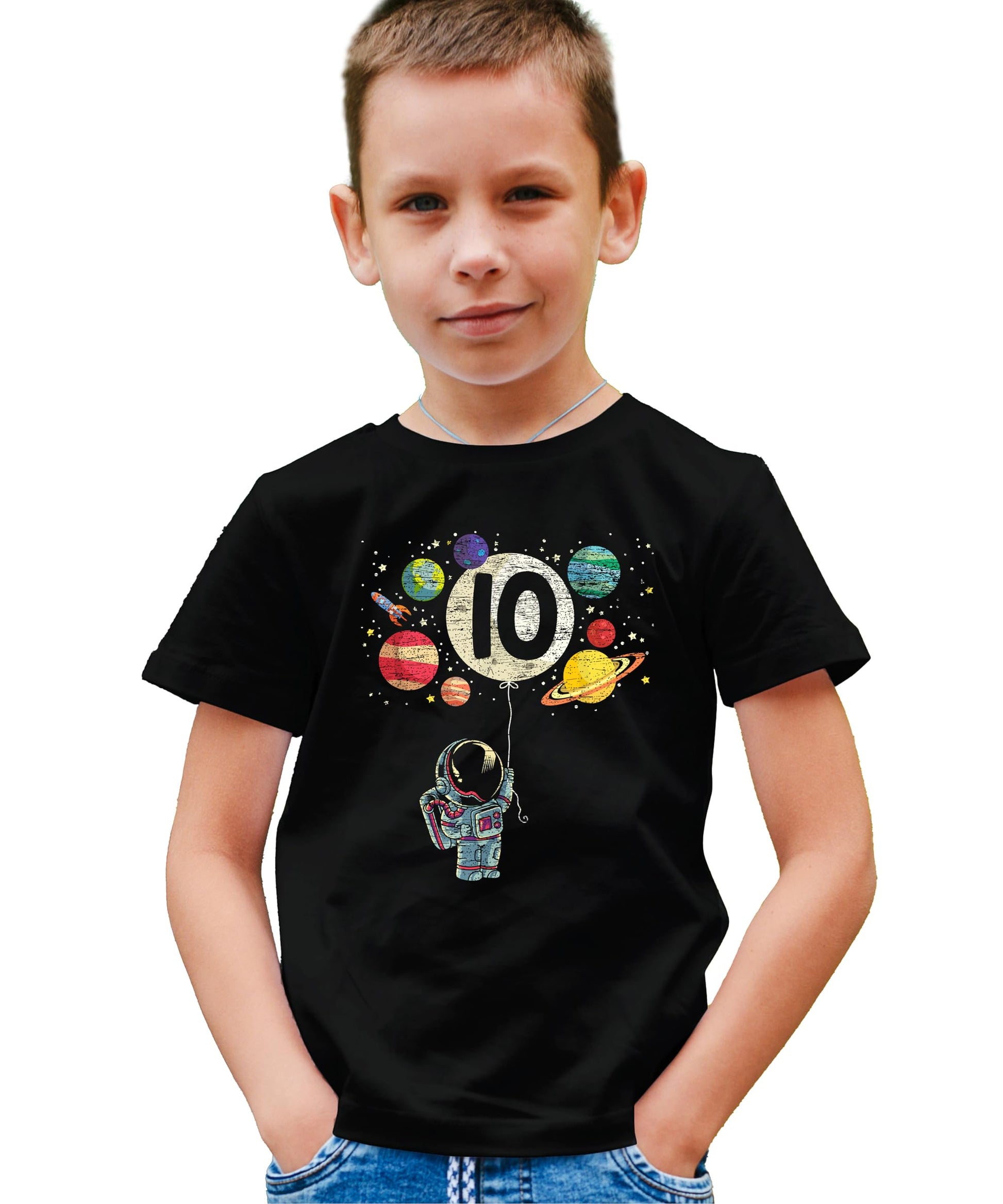Kids space birthday shirt in vintage royal showing full front astronaut graphic print