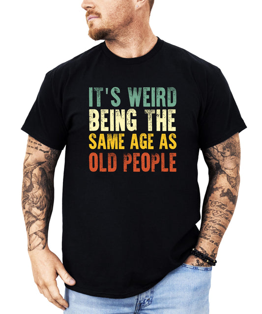 Front view of funny aging humor men's t-shirt in dark gray heather cotton