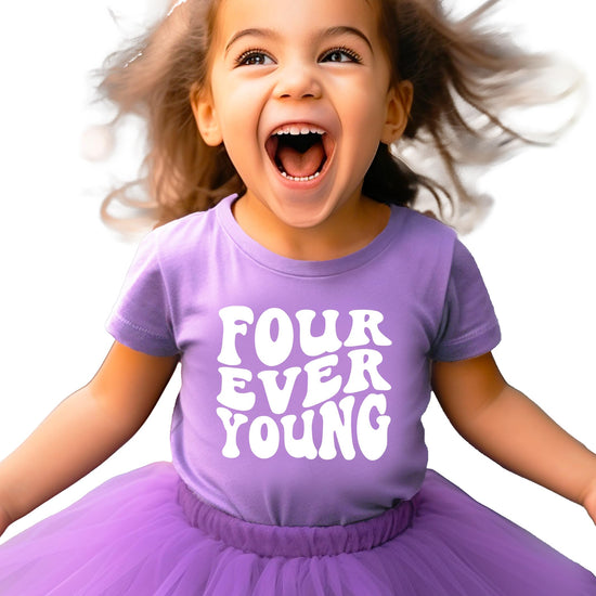 Front view of Four Ever Young groovy birthday tee for boys and girls age four