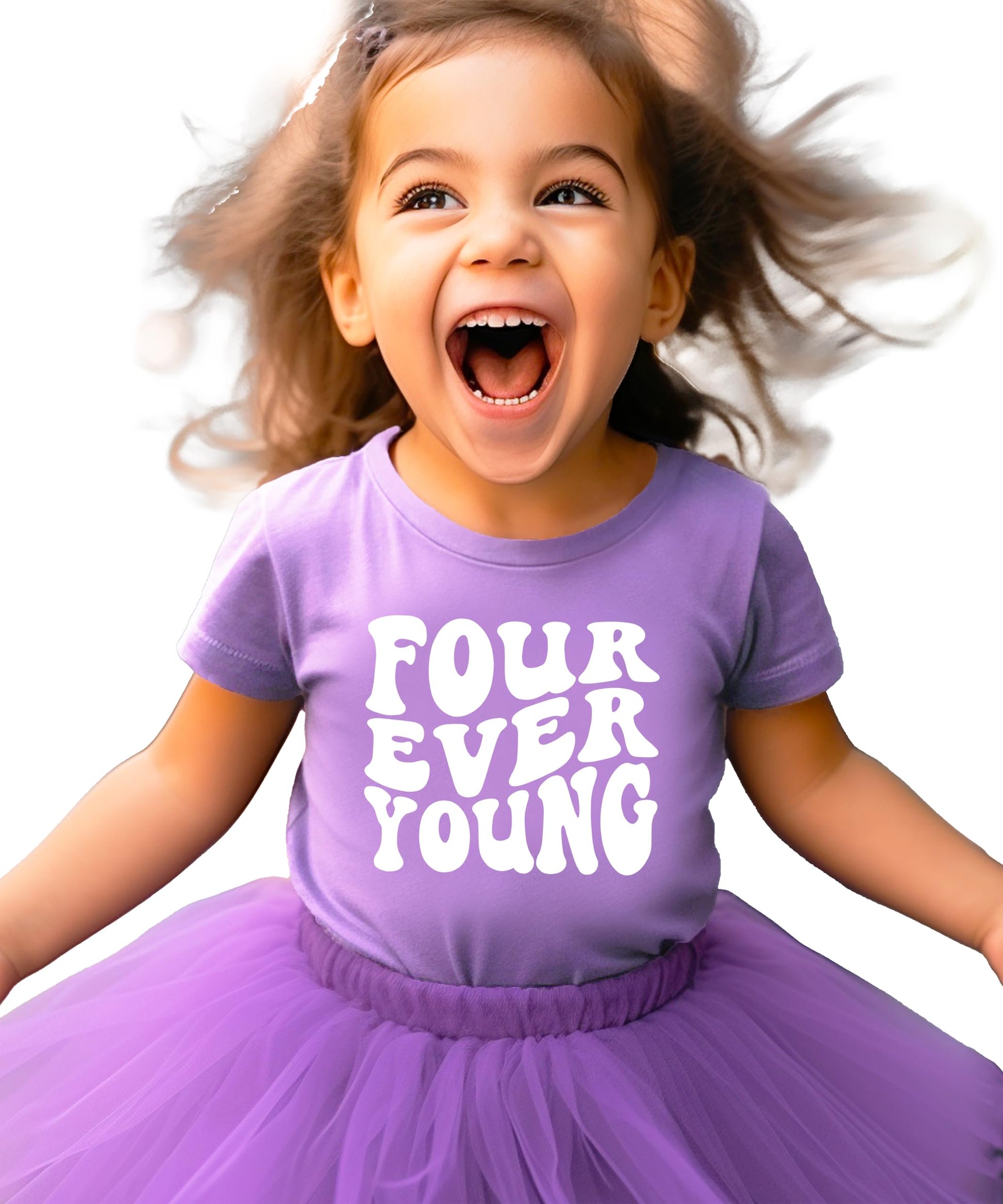 Front view of Four Ever Young groovy birthday tee for boys and girls age four