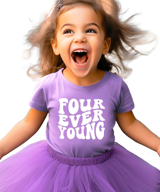 Front view of Four Ever Young groovy birthday tee for boys and girls age four