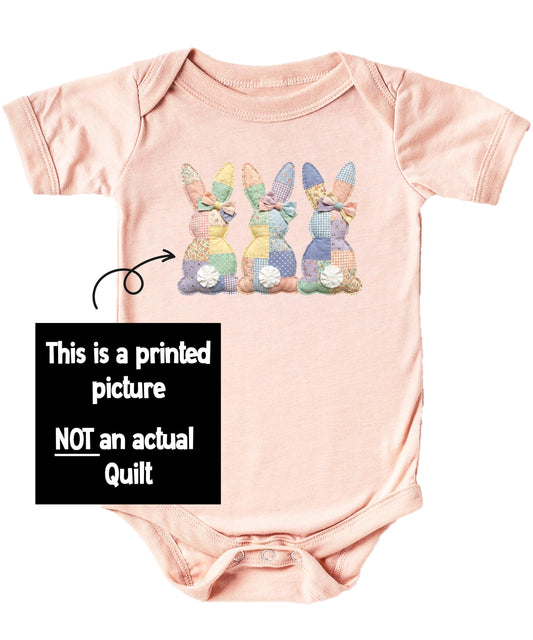 3 Bunnies Quilt Baby Bodysuit | Spring Easter One Piece
