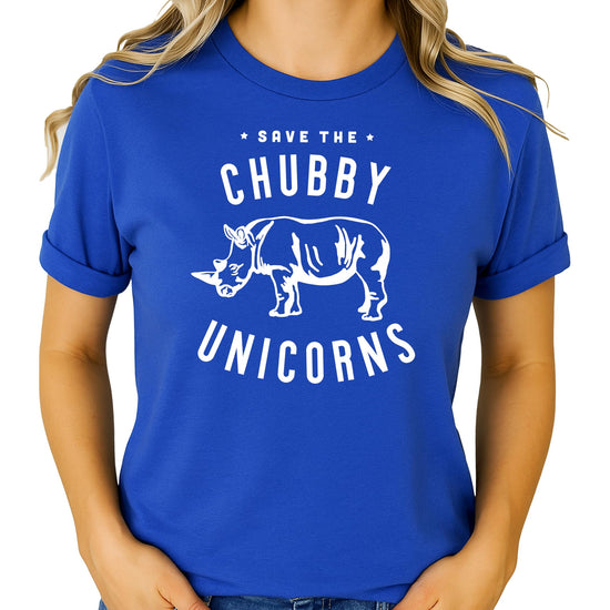 Close-up of Save The Chubby Unicorns rhino design print on women's t-shirt