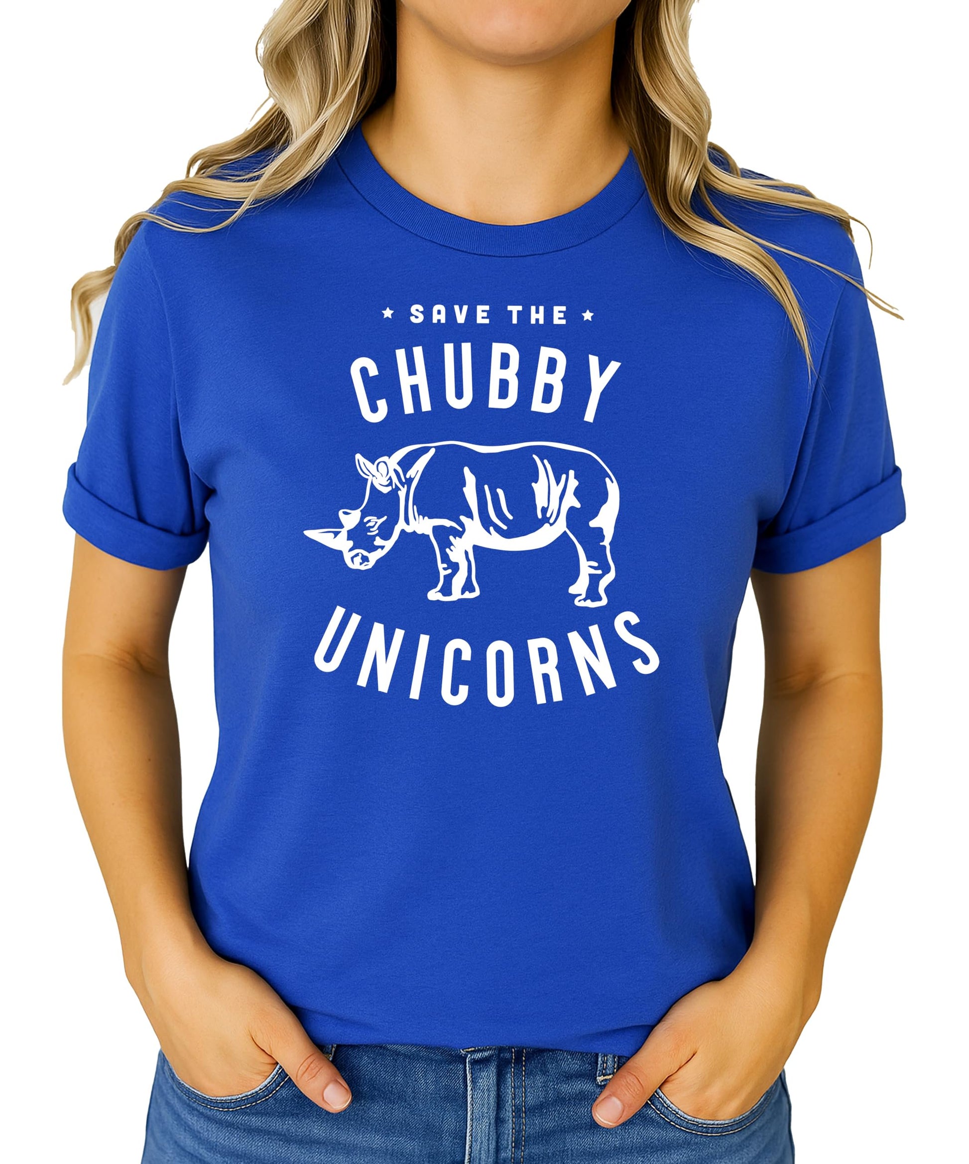 Close-up of Save The Chubby Unicorns rhino design print on women's t-shirt