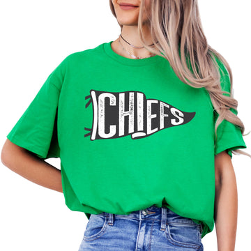 Chiefs vintage sports flag graphic t-shirt in green with distressed team mascot design, front view
