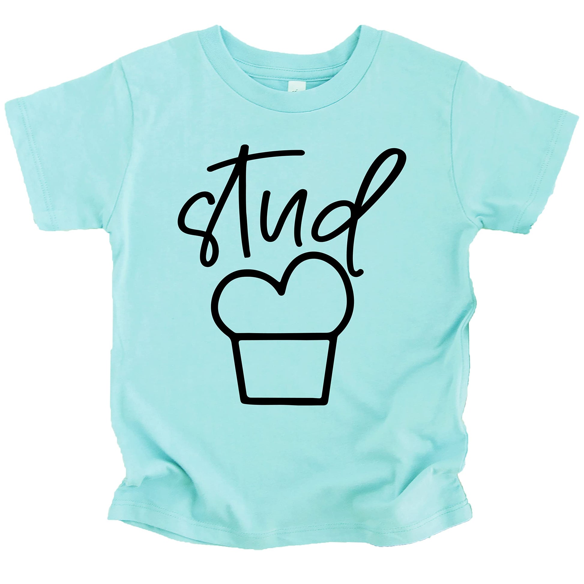 Stud Muffin boys shirt product display on blue background