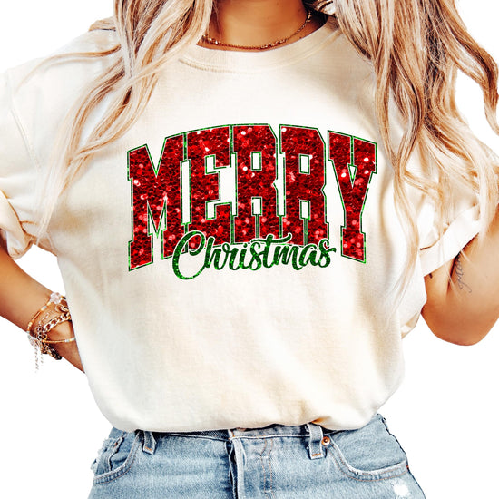 Women's seafoam green Merry Christmas tee with faux glitter red and green holiday graphic