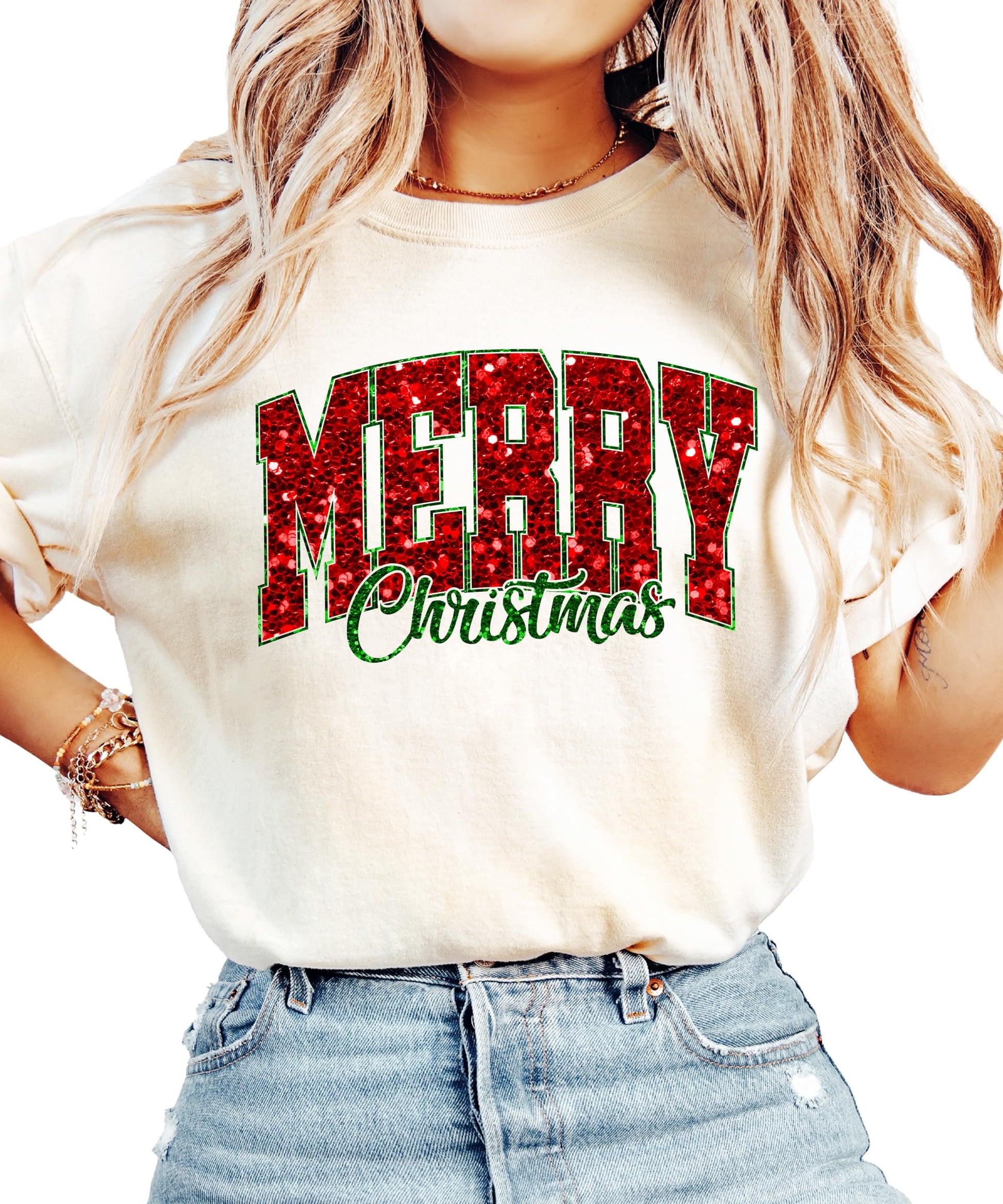 Women's seafoam green Merry Christmas tee with faux glitter red and green holiday graphic