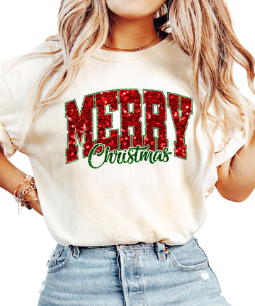 Women's seafoam green Merry Christmas tee with faux glitter red and green holiday graphic