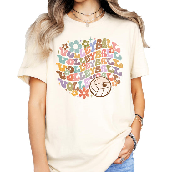 Close-up of vibrant groovy volleyball graphic print on black shirt