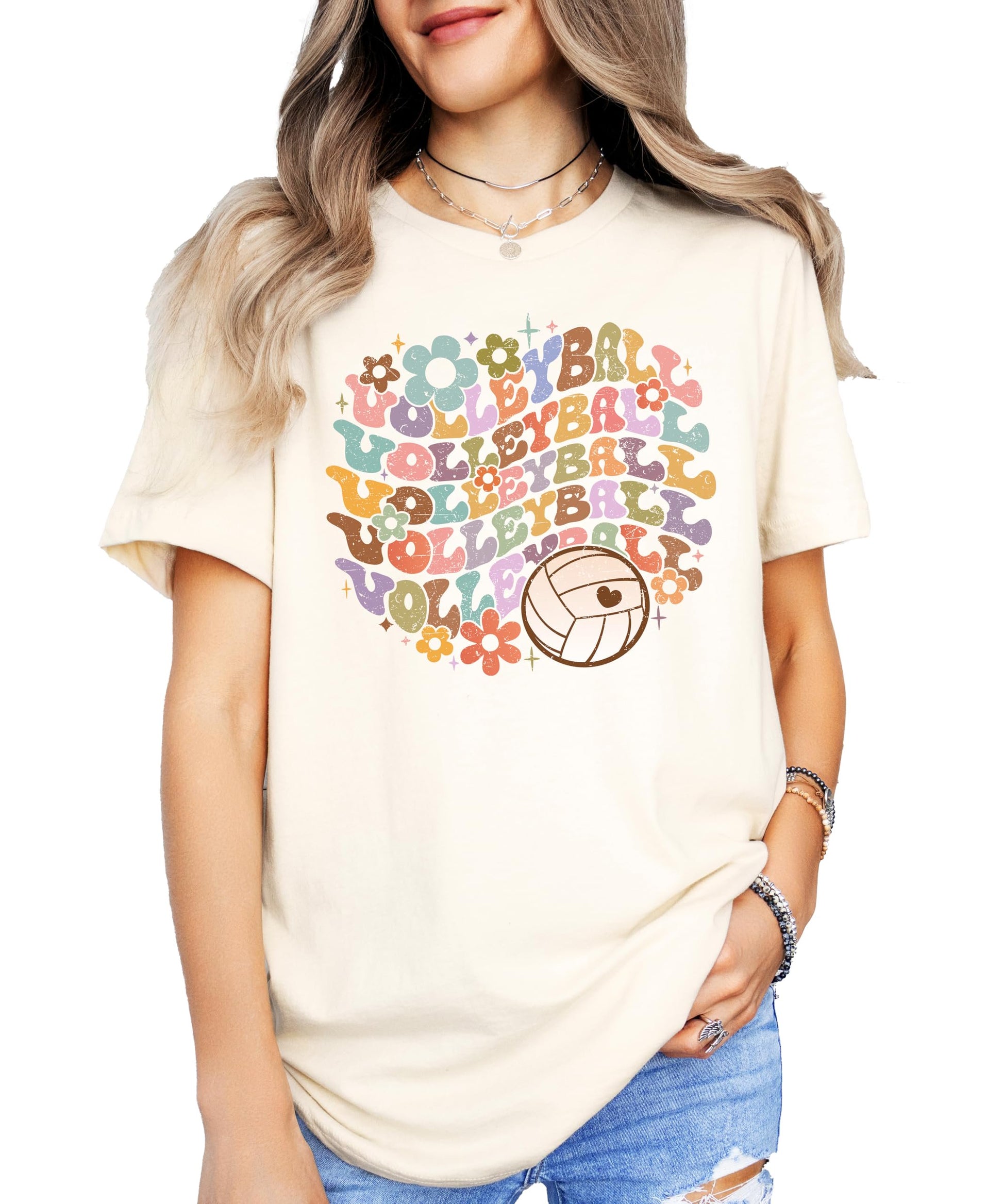 Close-up of vibrant groovy volleyball graphic print on black shirt