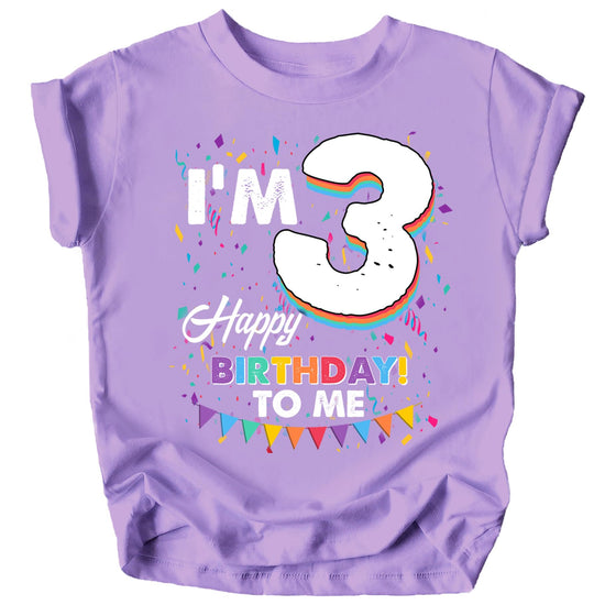 Young child wearing mauve third birthday graphic t-shirt, full body view