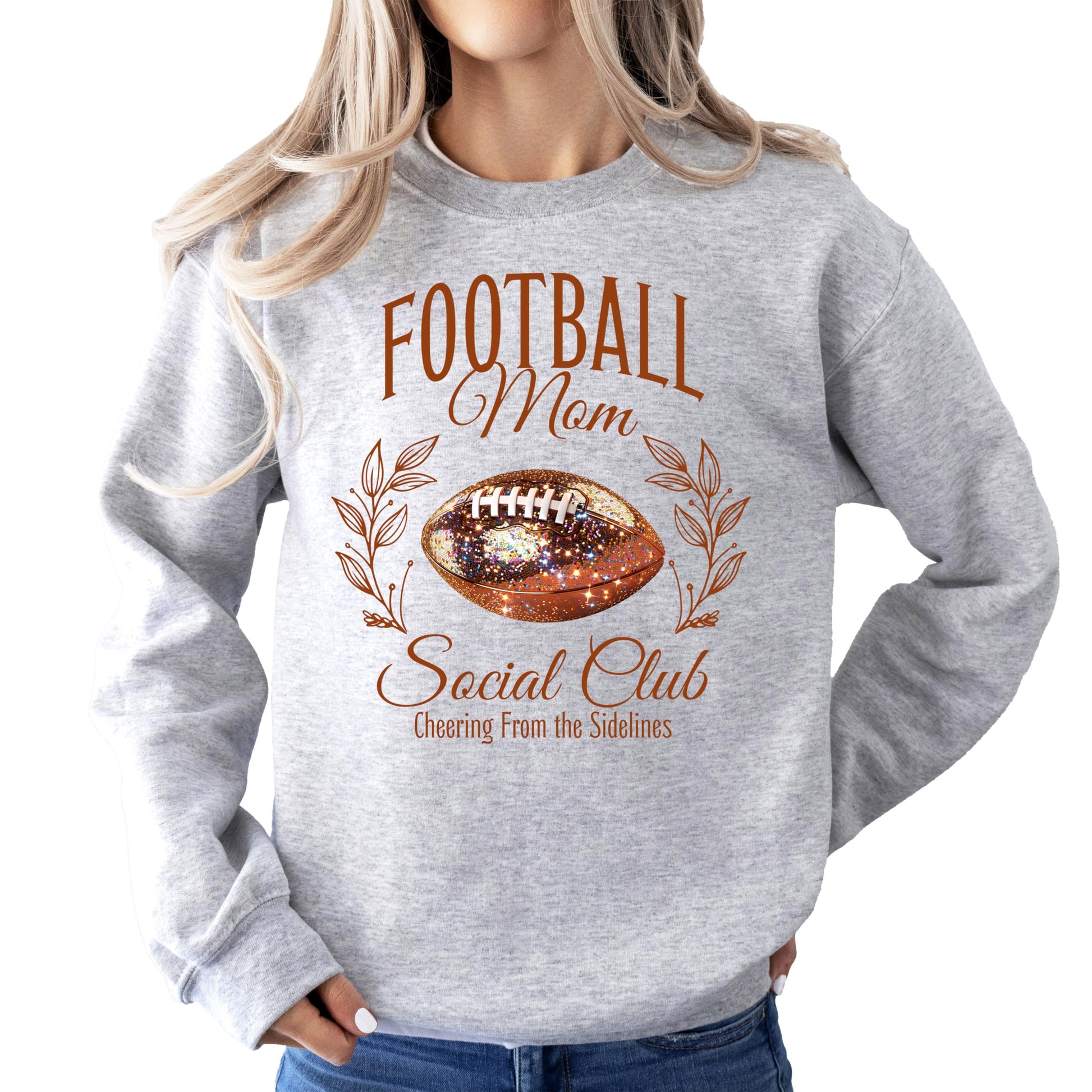 Front view of Football Mom Social Club gray sweatshirt with faux glitter football design