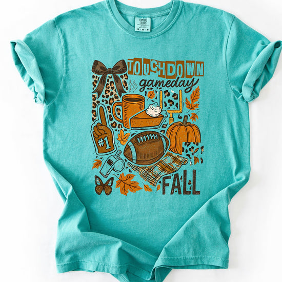 Trendy Touchdown fall football tee flat lay showing full graphic design and shirt style