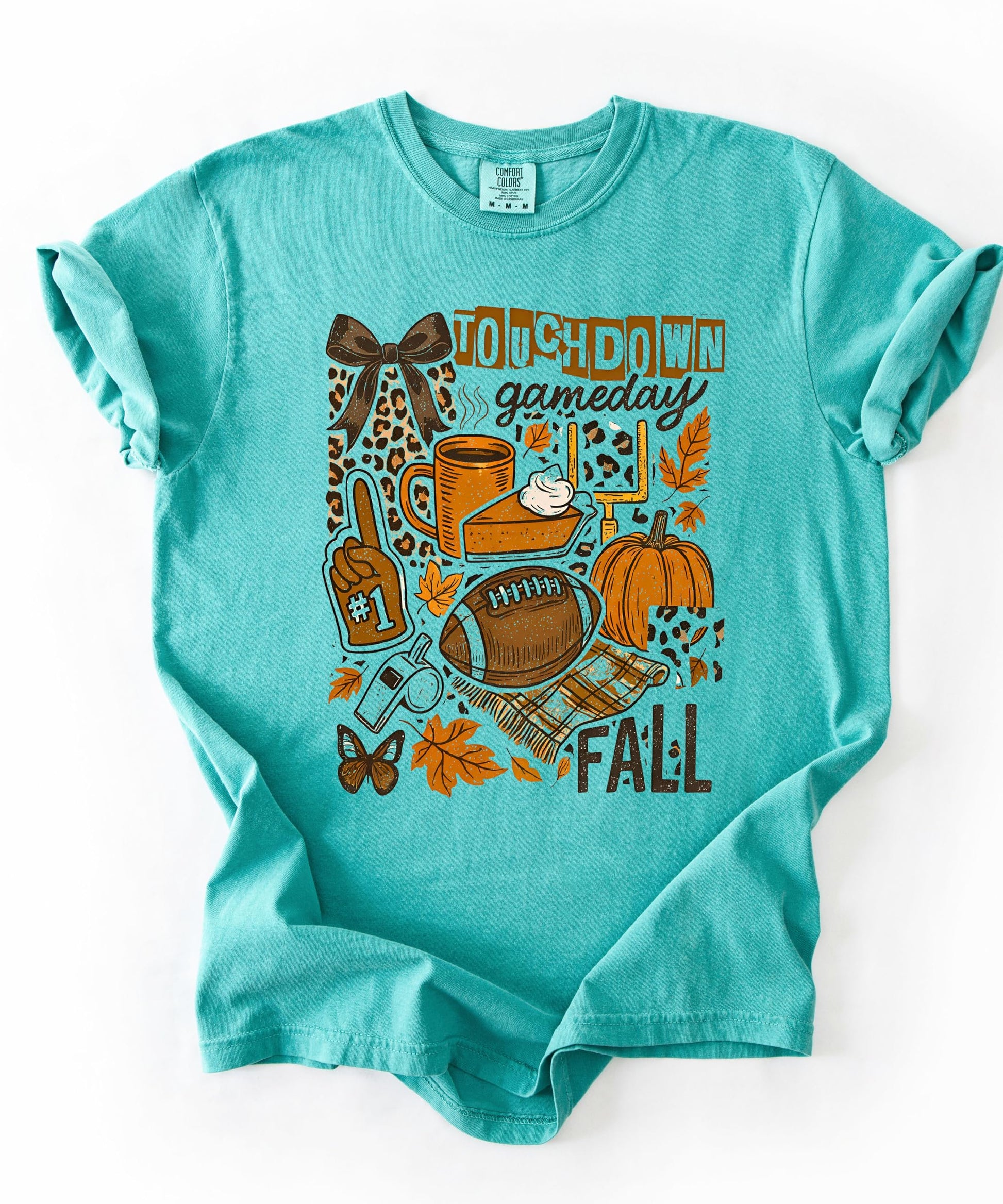 Trendy Touchdown fall football tee flat lay showing full graphic design and shirt style