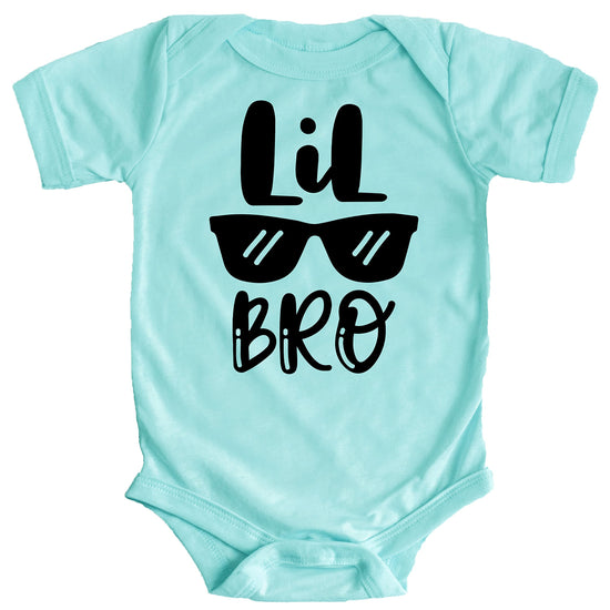 Little Bro Glasses baby bodysuit shown in multiple sizes for newborns