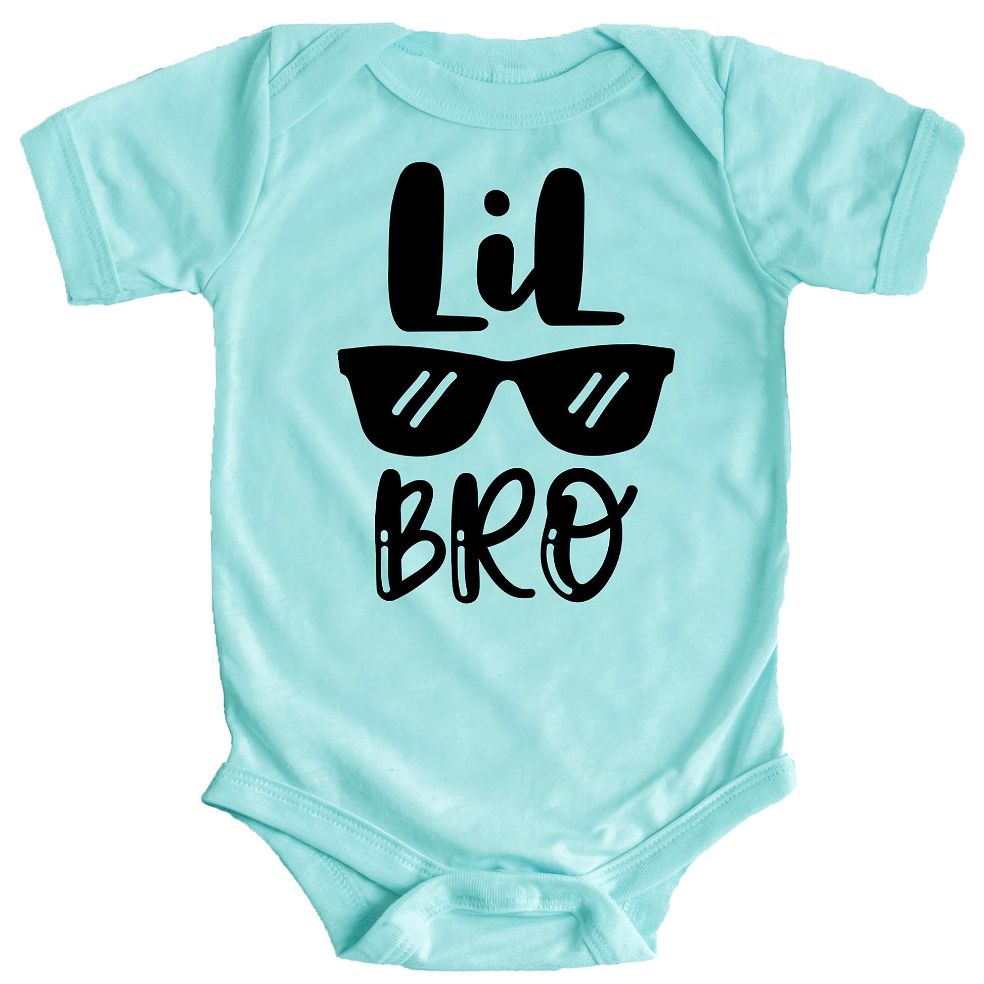 Little Bro Glasses baby bodysuit shown in multiple sizes for newborns
