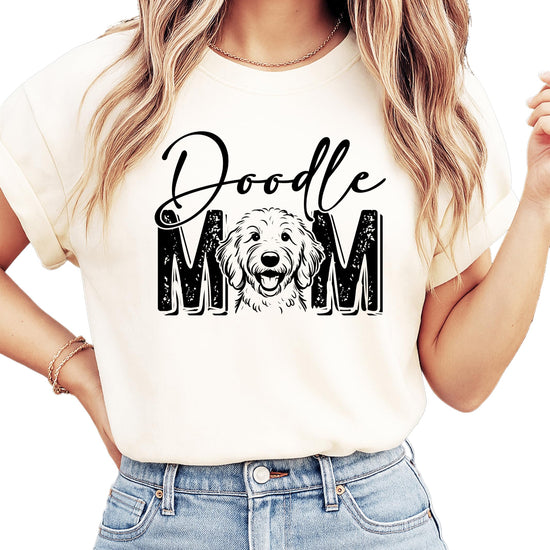 Doodle mom t-shirt detail shot highlighting vibrant print quality and fabric texture
