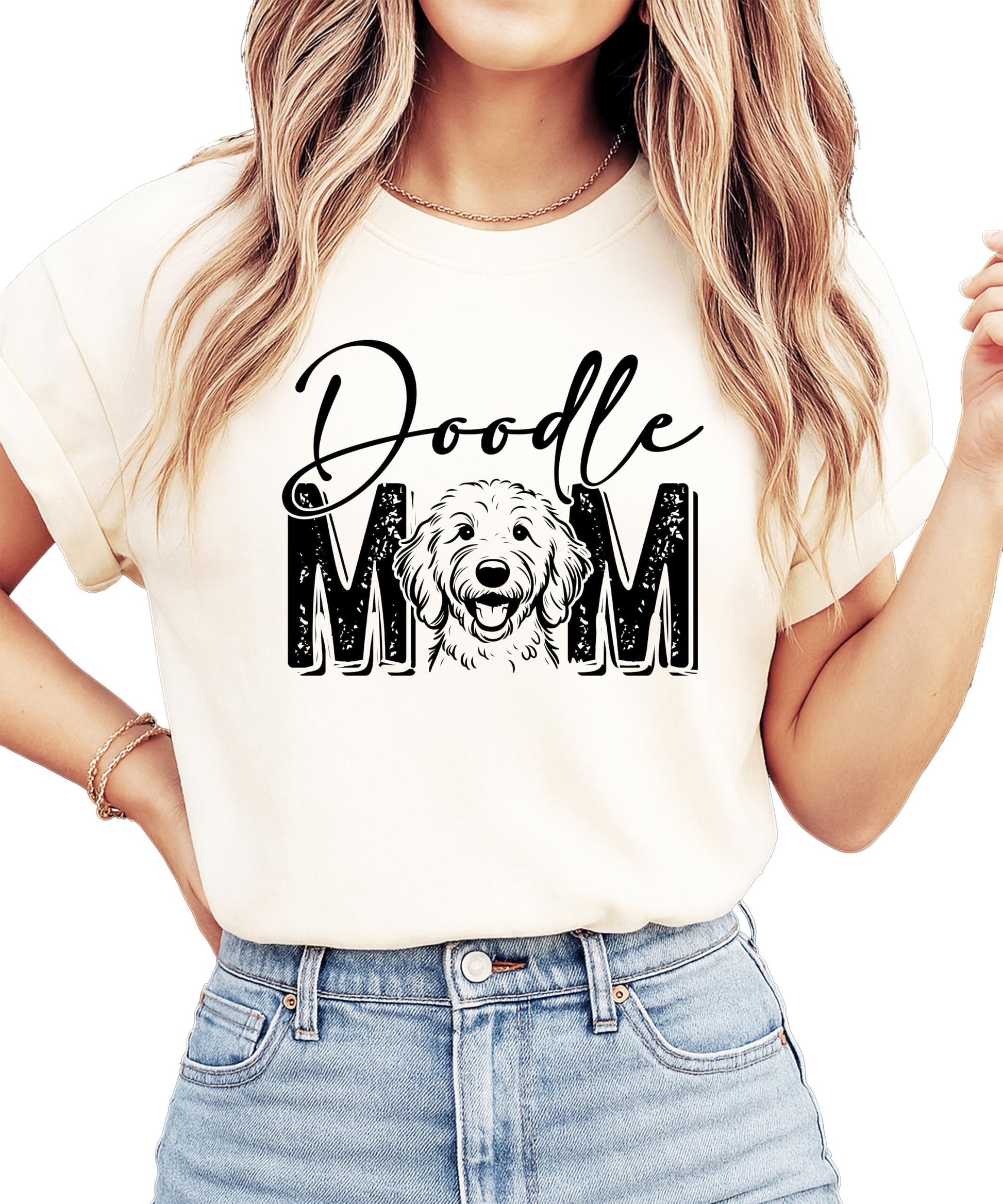 Doodle mom t-shirt detail shot highlighting vibrant print quality and fabric texture